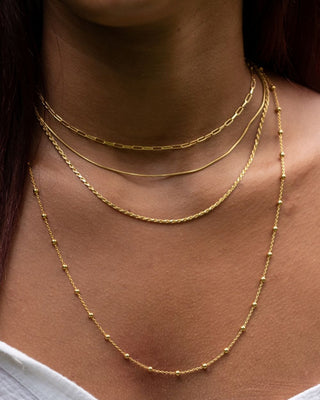 Gold Chain Necklaces in Long, Mid and Short Lengths on Model by Lily Charmed