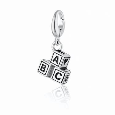 Silver ABC Building Block Charm | Baby Block Charm with A, B, C and D Letters