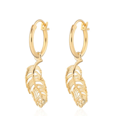 Gold Plated Feather Charm Hoop Earrings - Lily Charmed