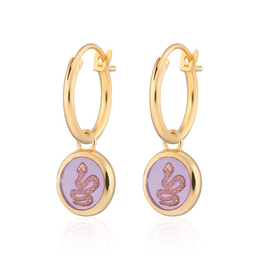 Gold Purple Snake Resin Charm Hoop Earrings - Lily Charmed Earrings