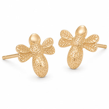 Lily Charmed Gold bee-shaped stud earrings on a white background