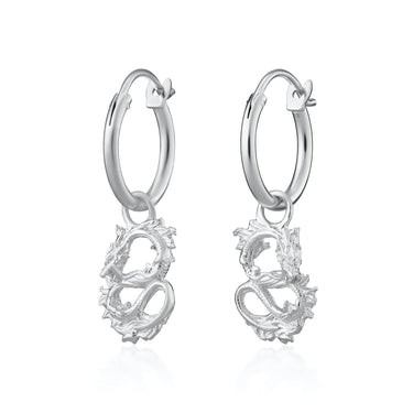 Silver Chinese Dragon Charm Hoop Earrings by Lily Charmed