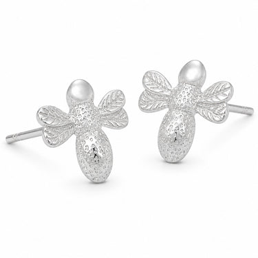 Silver bee-shaped stud earrings on a white background