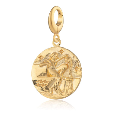 An 18 carat gold plated sterling silver Aquarius zodiac charm featuring a detailed goddess design. Engravable on the reverse.