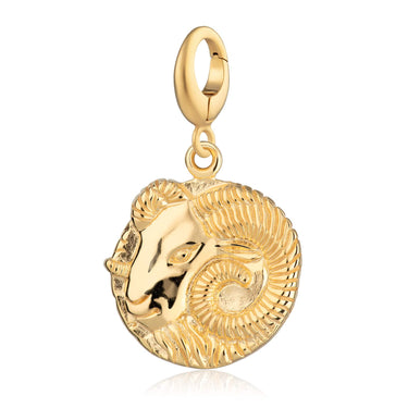 A gold ram Aries zodiac charm with a long spiraling horns design compatible with Pandora