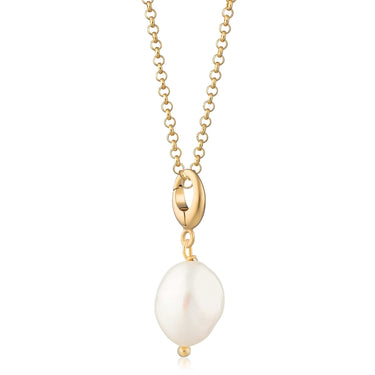 A gold-plated necklace with a single baroque pearl pendant hanging from a gold clasp, on a belcher chain.