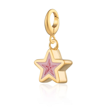 A gold plated geometric pink star charm with a clip on clasp.