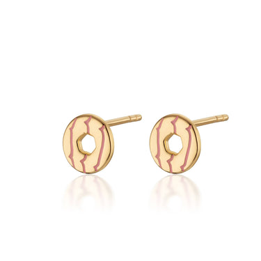 Gold Party Ring Biscuit Stud Earrings with Pink Enamel