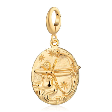 A gold plated sterling silver Sagittarius zodiac charm featuring an engraved archer symbol on a coin pendant.