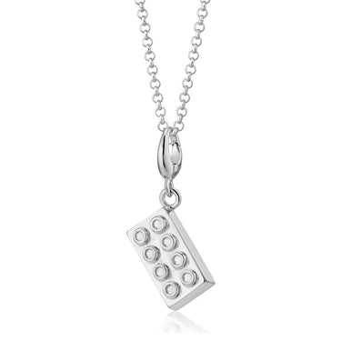 Silver Building Block Charm Necklace Front View | Brick Pendant Necklace