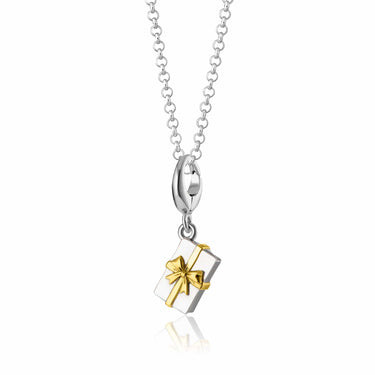 Silver Christmas Present Charm Necklace with Gold Bow Detailing