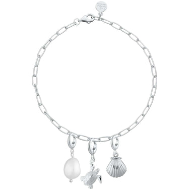 Silver Ocean Themed Charm Bracelet with clam shell, pearl & turtle charms