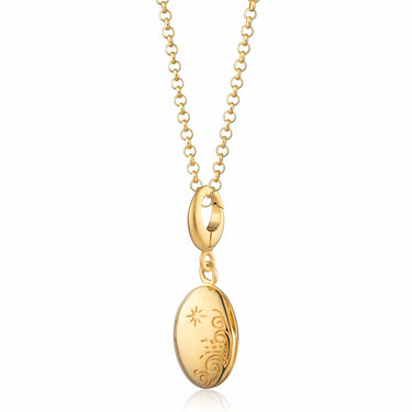A gold plated oval locket with a celestial design, attached to a gold belcher chain.