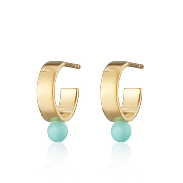 Gold Plated Wide Huggie Earrings with Turquoise Dot | Lily Charmed
