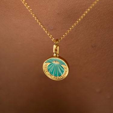 Gold Plated Eye Am Protected Turquoise Coin Necklace | Lily Charmed Jewellery