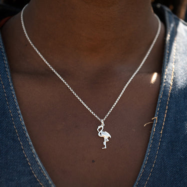 Woman Wearing a Silver Flamingo Charm Necklace | Bird Pendant Necklace