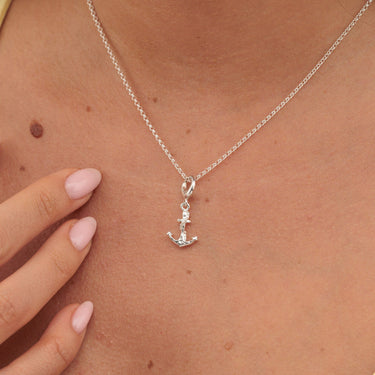 Woman Wearing Silver Anchor Charm Necklace | Nautical Pendant Necklace