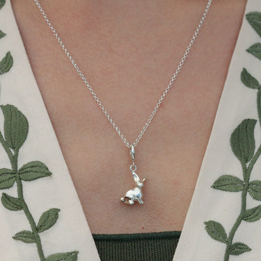 Woman Wearing Silver Bunny Charm Necklace | Animal Inspired Pendant Necklace 