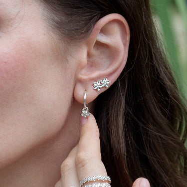 Silver Forget Me Not Flower Charm Hoop Earrings with Studs
