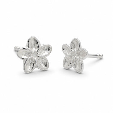 Pair of silver forget me not flower-shaped  stud earrings on a white background