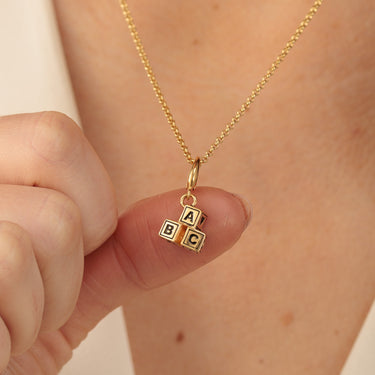 Gold ABC Building Block Pendant Necklace | Baby Block Charm Necklace