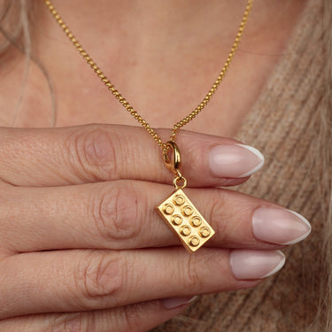 Gold Building Block Charm Necklace on Model | Brick Pendant Necklace