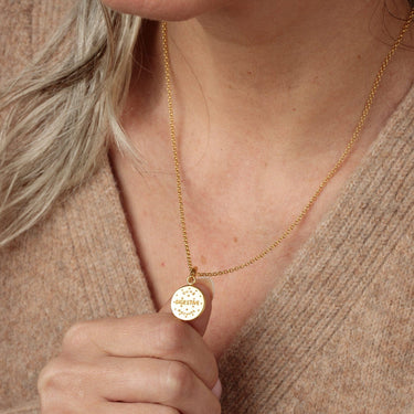 Gold Digestive Biscuit Necklace on Model | Biscuit Pendant