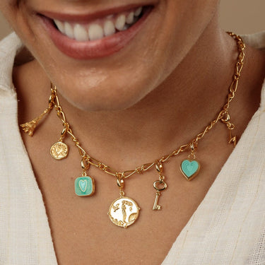 Gold Geometric Turquoise Heart Charm on Charm Collector Necklace