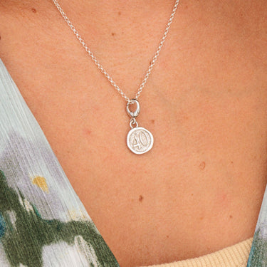 Silver 40th Birthday Charm Necklace on Woman | Silver Number 40 Pendant