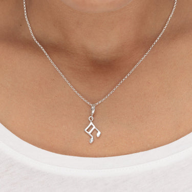 Woman Wearing Silver Music Note Charm Necklace | Semiquaver Music Pendant