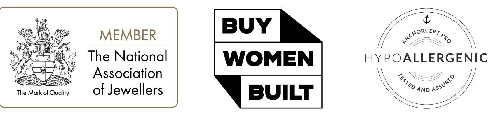 National Jewellers Logo, Buy Women Built Logo and Anchor Cert Hypoallergenic Logo