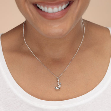 Woman Wearing Silver Origami Fox Charm Necklace | Fox Pendant Necklace
