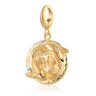 A gold-plated Pisces zodiac charm featuring a design with two koi fish and the astrological symbol, attached to a clip on clasp.
