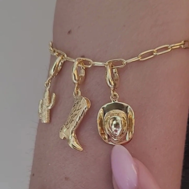 Gold Cactus, Cowboy Hat & Boot Charm on Charm Bracelet