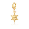 A gold sheriff badge charm with a clip on clasp compatible with Pandora Bracelets