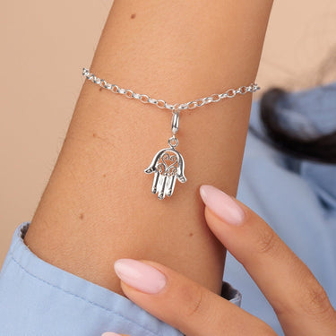 Silver Fatima Hand Charm on Silver Charm Bracelet with universal clasp compatible with Pandora | Lily Charmed