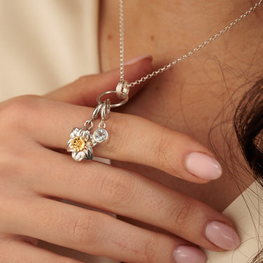 Silver Daffodil Flower Charm on Charm Collector Necklace with Aquamarine Birthstone Charm