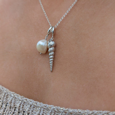 Silver Spire Shell Charm on Charm Necklace with Pearl Charm