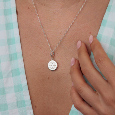 Woman Wearing Silver Rich Tea Biscuit Necklace | Biscuit Pendant 