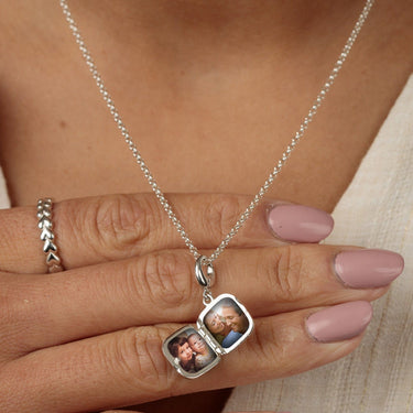 Silver White Heart Locket Necklace Open with Photographs