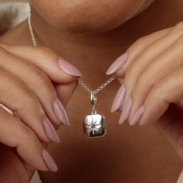 Silver Star Locket Charm with Blue Stone on Silver Necklace Chain