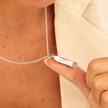 Close Up of Silver Skateboard Charm Necklace | Skateboard Pendant