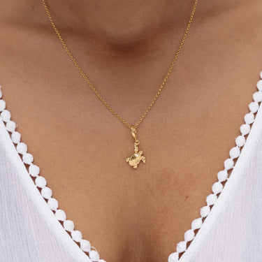 Woman Wearing Gold Turtle Charm Necklace | Sea Turtle Pendant