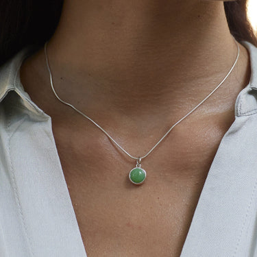 Woman Wearing Silver Green Chrysoprase Healing Stone Charm Necklace - Healing Crystal Pendant