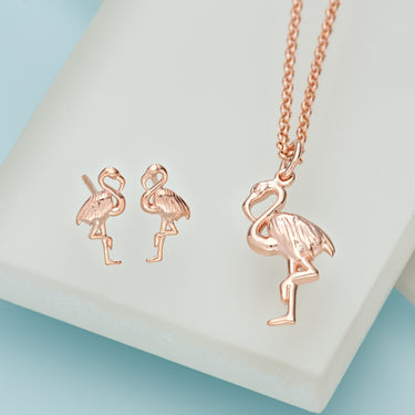 Rose Gold Plated Flamingo Jewellery Set With Stud Earrings - Lily Charmed