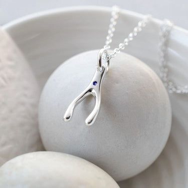 Silver and Sapphire Wishbone Necklace | Septebmer Birthstone Necklaces - Lily Charmed
