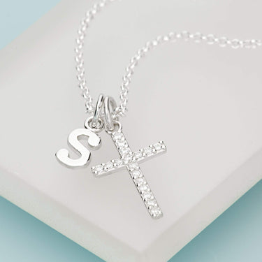 Personalised Silver Cross Necklace with Crystals - Lily Charmed