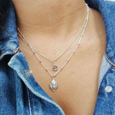 Woman Wearing Silver Lion Head Satellite Chain Necklace | Animal Pendant Necklace